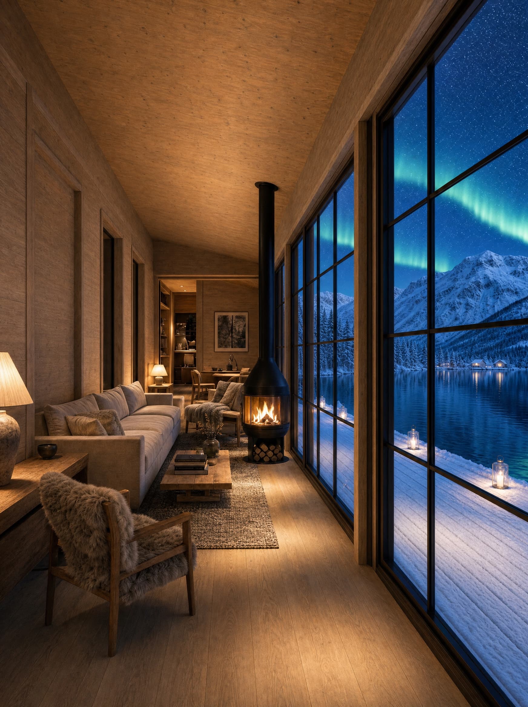 Stuen, en dobbelt høy glassvegg over fjorden med en sort vedovn
